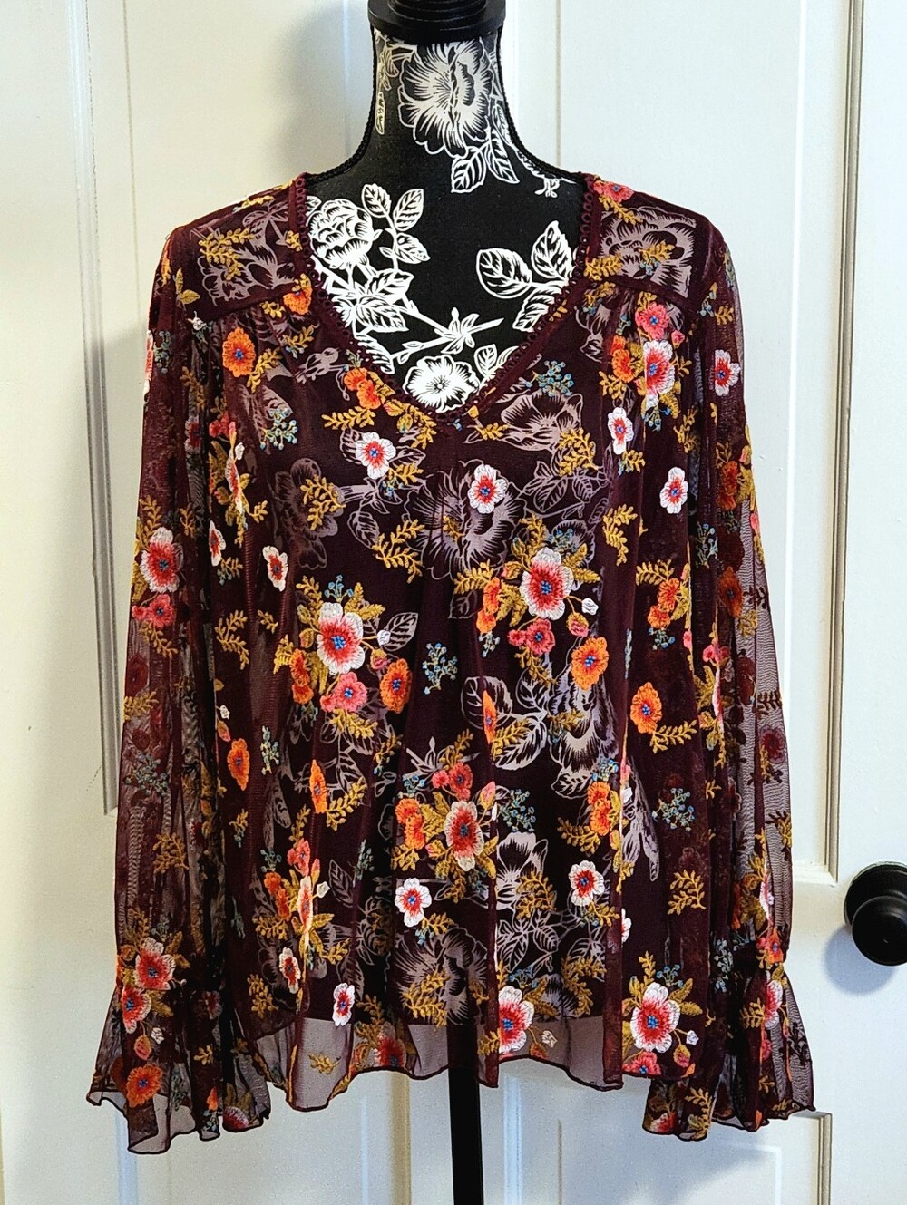 🍂Feather Bone🍂 - Brown/Burgundy Floral Sheer L/S Top